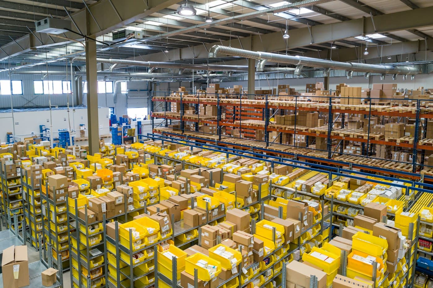 Industrial warehouse with inventory shelving